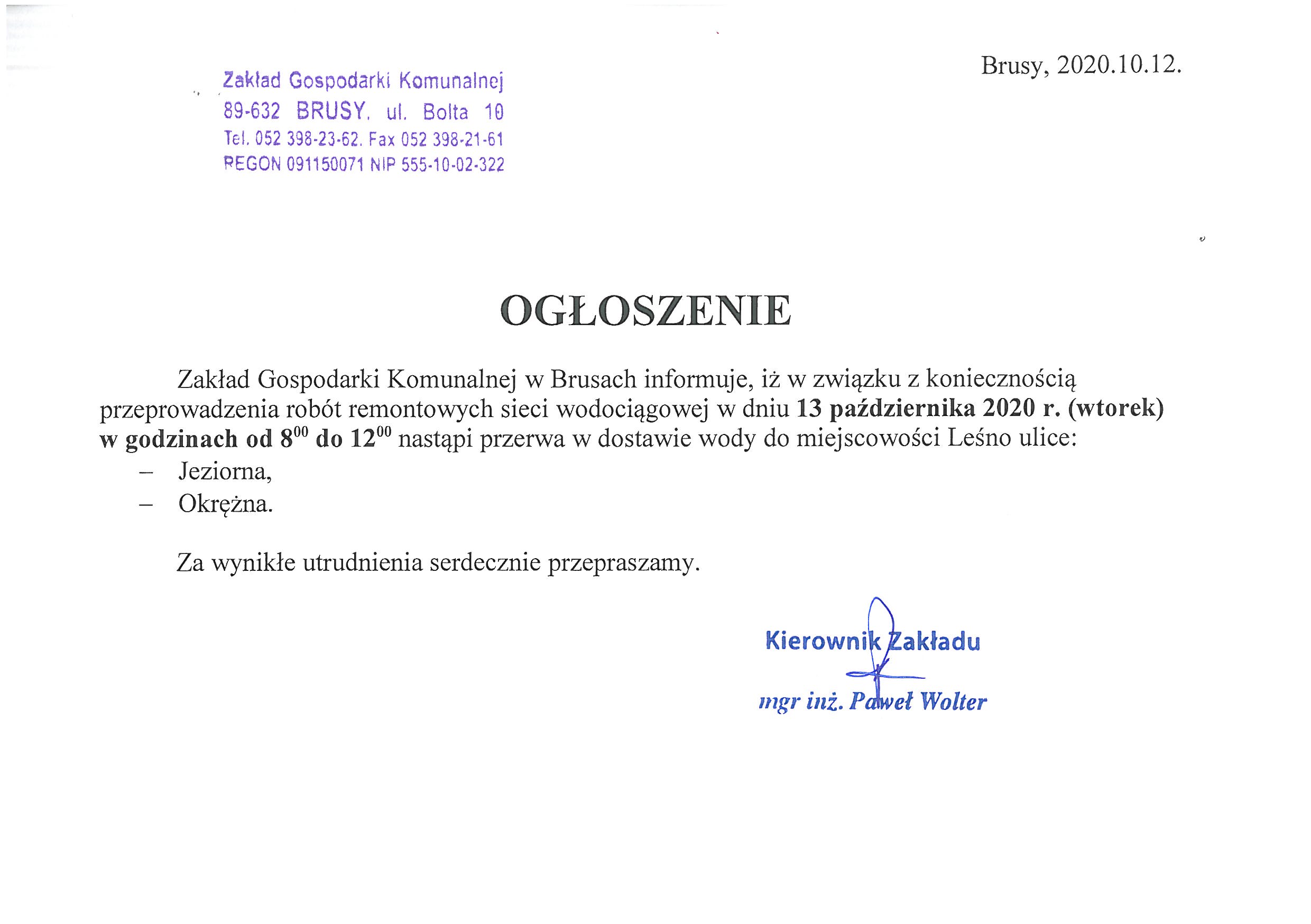 Ogłoszenie w sprawie przerwy w dostawie wody w miejscowości Leśno